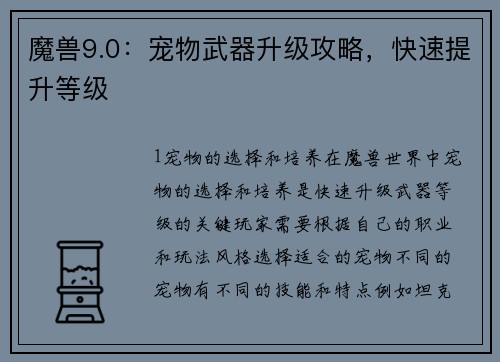 魔兽9.0：宠物武器升级攻略，快速提升等级